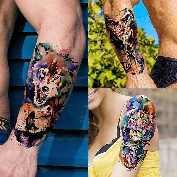 55 Sheets 3D Watercolor Temporary Tattoos For Women Men Adults Kids - Realistic Animal Print, Tribal, Floral, Halloween Designs - Multicolor - Waterproof - Ages 3+