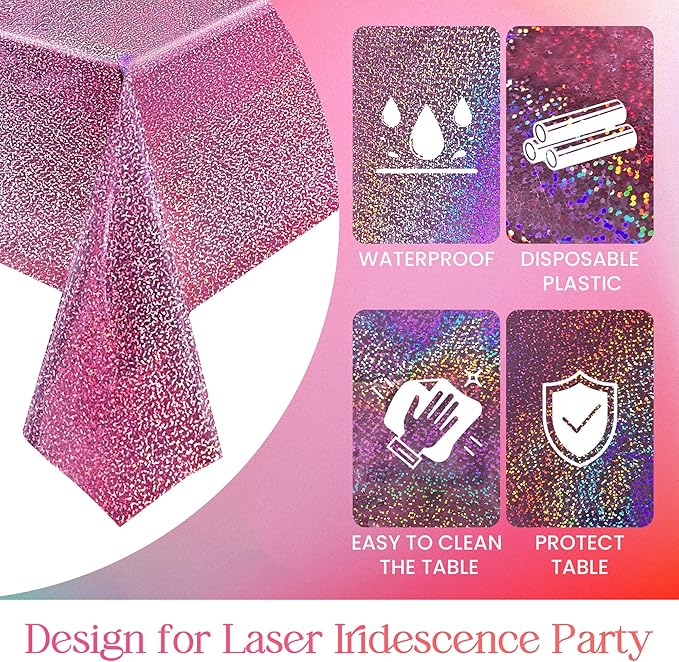 3Pcs Pink Holographic Plastic Tablecloths Laser Table Covers 40" x 108" Foil Disposable Table Cloths for Themed Birthday Party Wedding Christmas Holiday Party Decorations