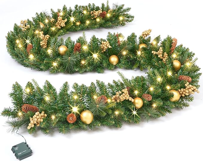 KING BIRD 9 FT by 12 Inch Prelit Christmas Garland with 50 Warm Lights, Battery Operated Xmas Garland with Pine Cones and Timer