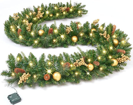 KING BIRD 9 FT by 12 Inch Prelit Christmas Garland with 50 Warm Lights, Battery Operated Xmas Garland with Pine Cones and Timer