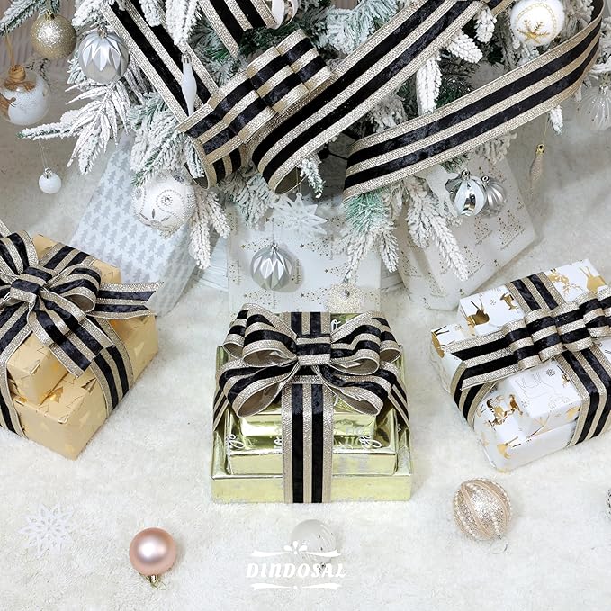 Black Velvet Wired Ribbon with Champagne Glitter Stripe 2.5 Inch Crushed Velvet Christmas Ribbon, 10 Yards for Gift Wrapping, Crafts, Christmas Tree Decorations, Wreath Supplies, Garlands