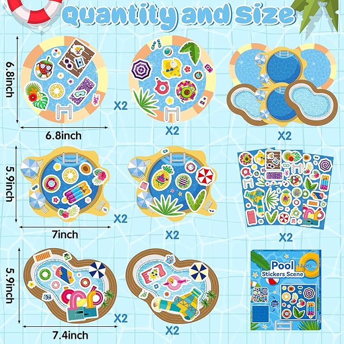 CY2SIDE Summer Pool Sticker Scene - 12 Set Make A Pool Scene Art Craft with Swimming Ring for Kids Make Your Own Swimming Sticker Art Craft DIY Summer Party Games Classroom Fun Activities