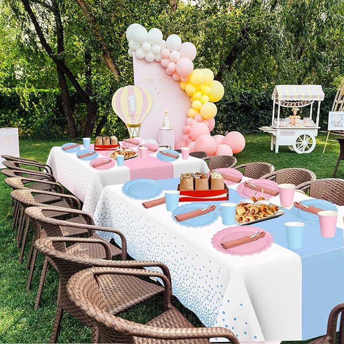 WNINK 4 Pack Pink and Blue Tablecloths, Gender Reveal Disposable Plastic Waterproof Table Cover for Boy or Girl Gender Reveal Party, Baby Shower, Birthday Party Decorations 54" x 108"