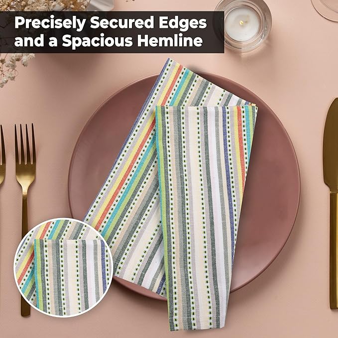Urban Villa Cloth Napkins Beige Multi Stripes 100% Cotton Absorbent Dinner Napkins (Set of 12) 20x20 Inches Soft Durable Washable Reusable Ideal for Everyday Use Wedding Parties Cloth Dinner Napkins