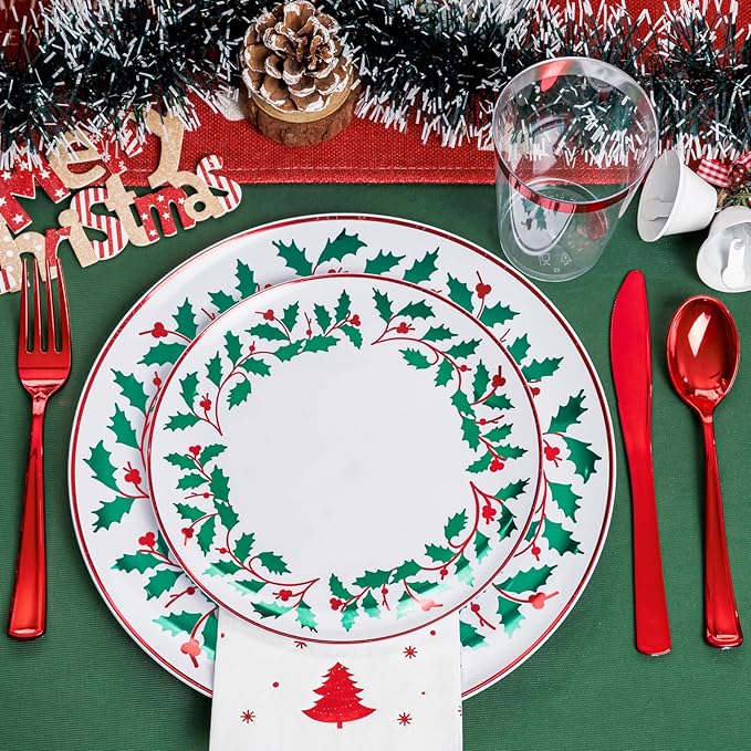 WDF 175Pcs Disposable Christmas Plates & Napkins - 25 Dinner & Dessert Plates, 25 Utensils, 25 Cups, 25 Christmas Napkins