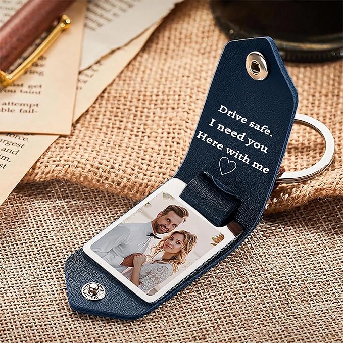Personalized Photo/Text Leather Keychain for Men Womens Custom Picture Key Chains Memorial Gifts for Family Lover