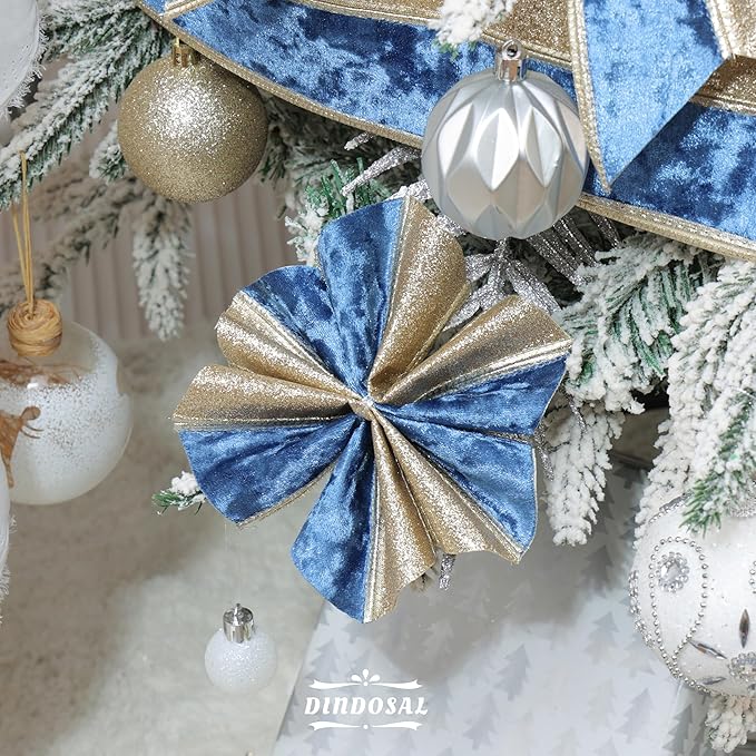 Navy Blue Velvet Wired Christmas Ribbon 4 Inch Extra Wide Thick Blue and Gold Glitter Holiday Ribbon – 10-Yards Roll for Tree Decorations, Gift Wrapping, Wreaths, and DIY Crafts