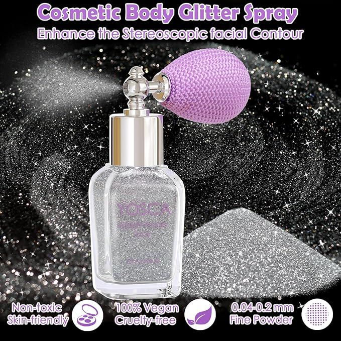 Yosca Body Glitter Spray, 30ML Diamond Body Shimmer Powder Hair Spray Silver Glitter Sparkle Highlighter Makeup Festival Concert Party Mardi Gras Rave Accessories for Rave Clothes Hair Face Nail Art