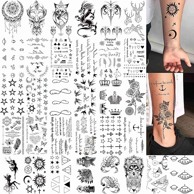 COKTAK 64 Sheets Variety Tiny Waterproof Temporary Tattoos For Men Women, Moon Star Butterfly Birds Planets Fake Tattoos For Kids Adults, Arm Neck Face Letters Temp Tattoo Temporary Tatoos Sticker Set
