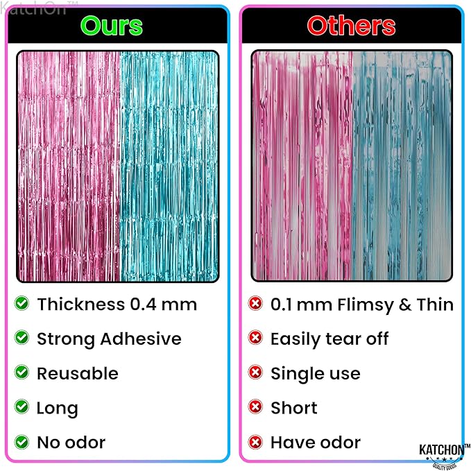 KatchOn, Large Pink and Blue Foil Fringe - 6.4x8 Feet, Pack of 2 | Girl or Boy Gender Reveal Decorations | Pink and Blue Fringe, Boy or Girl Backdrop | Gender Reveal Backdrop for Gender Reveal D√©cor