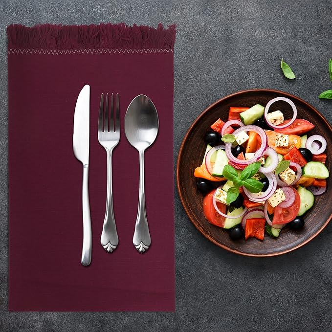 Dinner Cloth Napkins Set of 12, Premium Soft Cotton 20x20 Inches, Highly Absorbent, Hotel Quality Reusable & Washable Dinner Napkins with Fringe Corner Napkins for Home & Weddings - Burgundy
