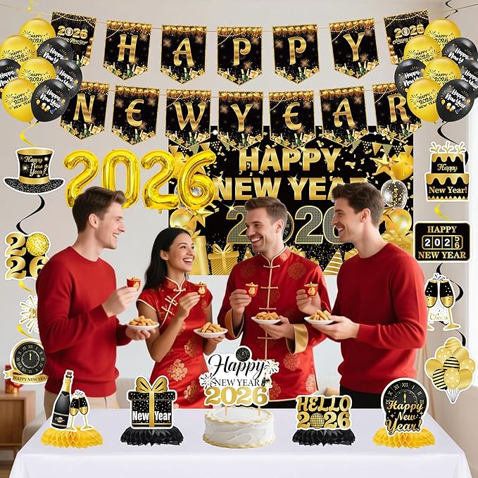 2026 New Years Decorations Party - 35 Pcs Gold Black 2026 Happy New Year Banners Foil Balloons Backdrop Hanging Swirls Honeycomb Centerpieces Cake Topper for New Years Eve Party Celebration Supplies