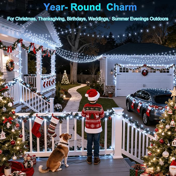 240FT 750LED Christmas Lights,12 Modes Cool White Outdoor String Lights with Timer & Dimmable, Waterproof Green Wire Christmas String Lights for Indoor Tree Xmas Patio Fence Wedding Party Decor