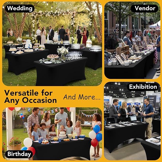 6-Pack Premium Black Spandex Tablecloths for 6ft Rectangle Tables, Stain & Wrinkle-Resistant, Washable Stretch Polyester Fitted Table Cover for Weddings, Banquets, Trade Shows Events