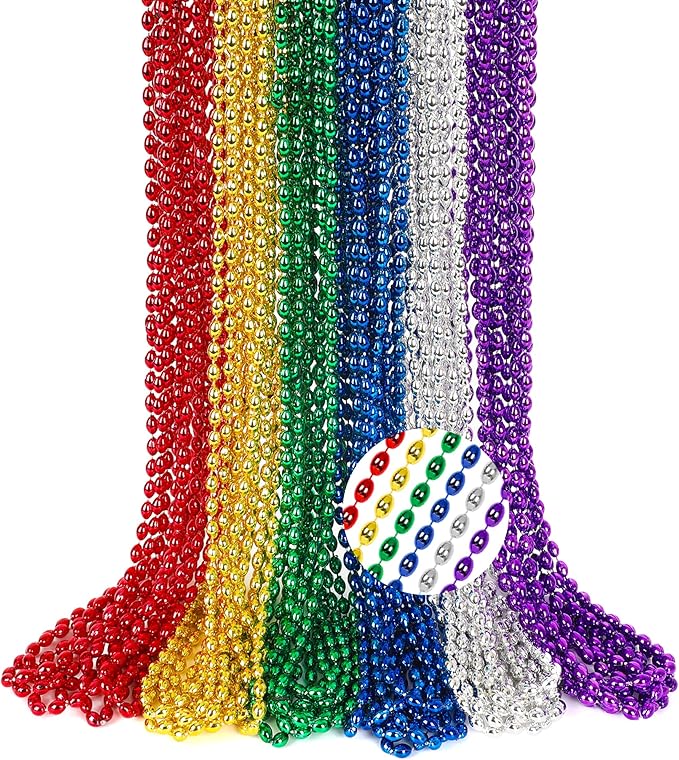 24PCS Mardi Gras Beads, Metallic 6 Kinds of Color Bead Necklaces, Aesthetic 32" Oval Necklaces Costume Beaded Party Favors, Festival Parade Throw Accessories for Wedding Birthday Party Favors Decor