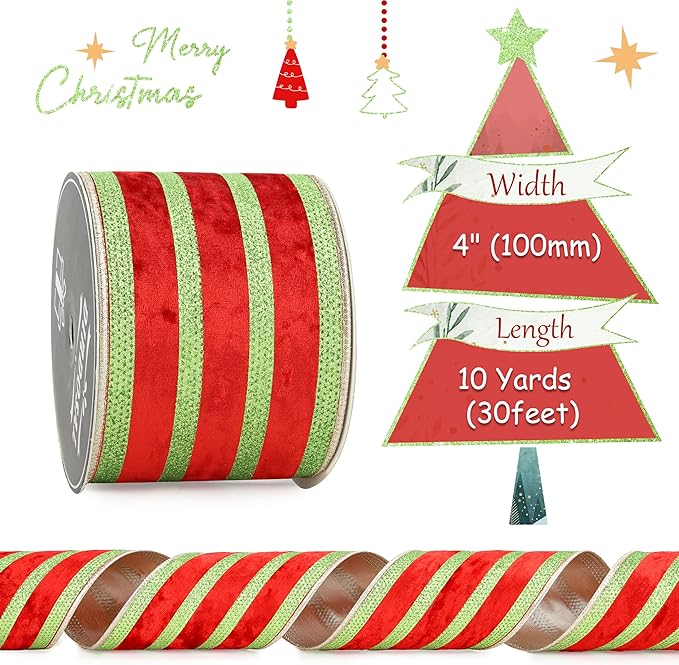 Red Velvet Wired Ribbon with Lime Green Glitter Stripe 4 Inch Extra Wide Crushed Velvet Christmas Ribbon, 10 Yards for Gift Wrapping, Crafts, Christmas Tree Decorations, Wreaths, Garlands