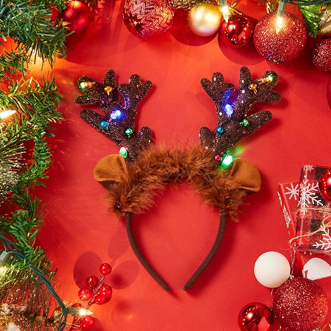 JOYIN Christmas 4PCS Reindeer Headband, Light-Up LED Antlers Reindeer Hat Holiday Headbands for Christmas Party Supplies and Holiday Parties Favors (ONE SIZE FITS ALL)
