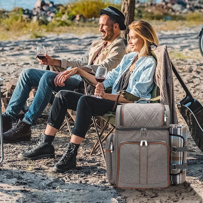 Picnic Backpack for 4, Picnic Basket Set, Leakproof Picnic Bag, Beach Cooler Backpack with Insulated Cooler Wine Pouch,Picnic Blanket, Double Deck Picnic Backpack for Beach,Camping,Park(BrushedKhaki)