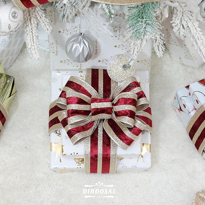 Burgundy Velvet Wired Ribbon with Champagne Glitter Stripe 2.5 Inch Crushed Velvet Christmas Ribbon, 10 Yards for Gift Wrapping, Crafts, Christmas Tree Decorations, Wreath Supplies, Garlands