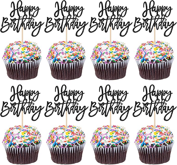 24 PCS Glitter Cupcake Toppers - Happy Birthday & Anniversary Cake Decorations - Black