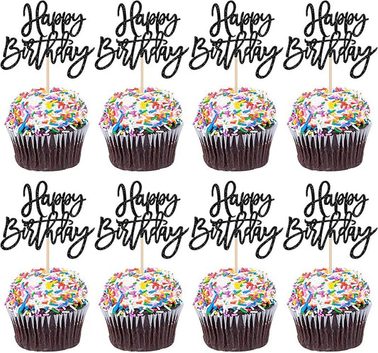 24 PCS Glitter Cupcake Toppers - Happy Birthday & Anniversary Cake Decorations - Black