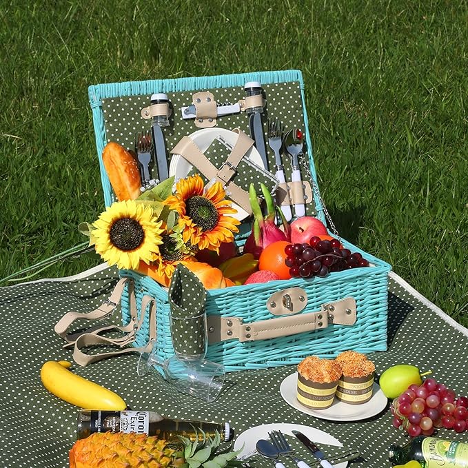 YPshuye Picnic Basket Set for 4 with Waterproof Blanket Mat Insulation Bag Wicker Blue Green Light Hawaiian Tropical Style Gift for Wedding Birthday Summer Camp Outdoor Camping Beach Travel Christmas
