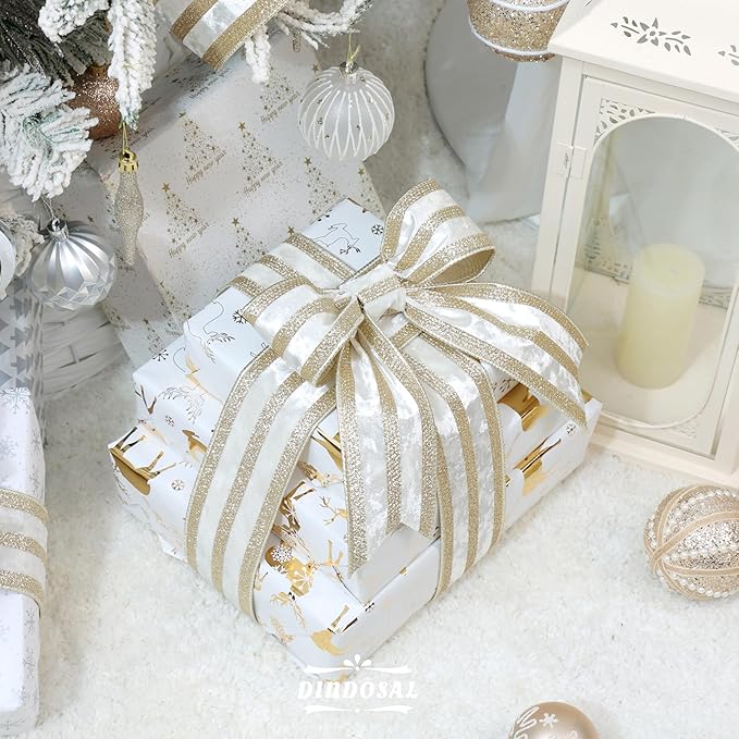 Ivory Velvet Wired Ribbon with Champagne Glitter Stripe 2.5 Inch Crushed Velvet Christmas Ribbon, 10 Yards for Gift Wrapping, Crafts, Christmas Tree Decorations, Wreath Supplies, Garlands