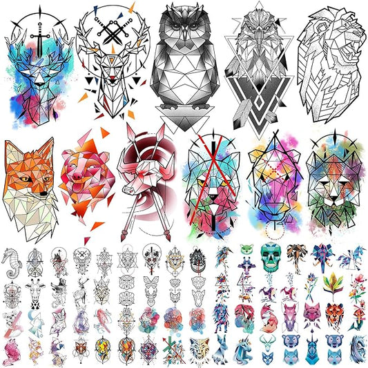 77 Sheets Geometric Animal Temporary Tattoo, 17 Sheets Half Arm 3D Lions Fox Wolf Owl Tiger Fake Tattoos for Adults Women Men, 60 Sheets Tiny Skull Cat Flower Tattoos Sticker for Kids Boy Girl