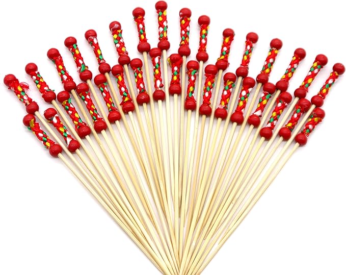 PuTwo Cocktail Picks Handmade Toothpicks 4.7” 100ct Red Beads with Rope