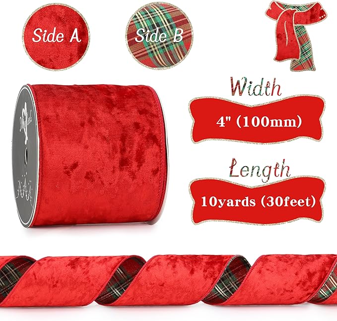 MAYREEL Red Crushed Velvet Wired Ribbon 4 Inch Thick Luxurious Reversible Tartan Christmas Ribbon with Plaid Back for Tree Decorations, Garlands, Wreaths, Gift Wrapping and Holiday Crafts - 10 Yards