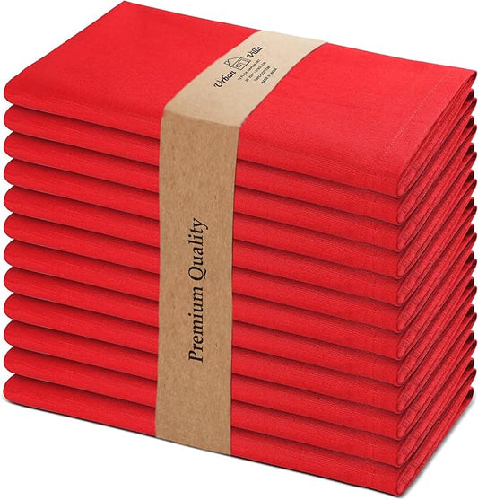 Urban Villa Cloth Napkins 100% Cotton Slub Absorbent Dinner Napkins (Set of 12) Oversized 20x20 Inches Solid Red Color Soft Durable Reusable Washable Ideal for Everyday Use Wedding Parties
