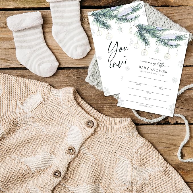 4'' x 6'' A Merry Little Baby Shower Invitations - Set of 25 Snowflake Invited Cards with Envelopes - Baby Announcement Invites for Boys & Girls, Winter Gender Reveal Party Supplies & Decor - A01