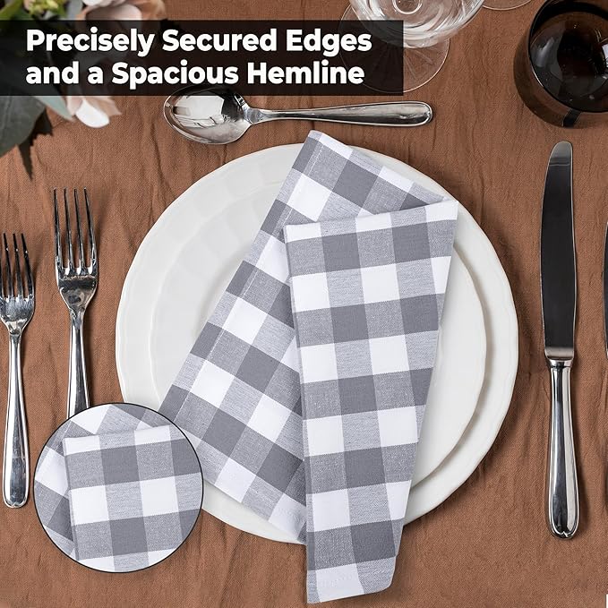 Urban Villa Cotton Dinner Napkins Set of 6, Highly Absorbent 20x20 Inches Premium Cloth Napkins Hotel Quality Reusable & Washable Table Dinner Napkins for Home & Weddings - Grey/White, Checks