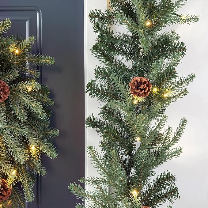 Glitzhome 2PK Pre-Lit Greenery Pine Cone Christmas Garlands with Warm White LED Lights and Timer - 9 ft