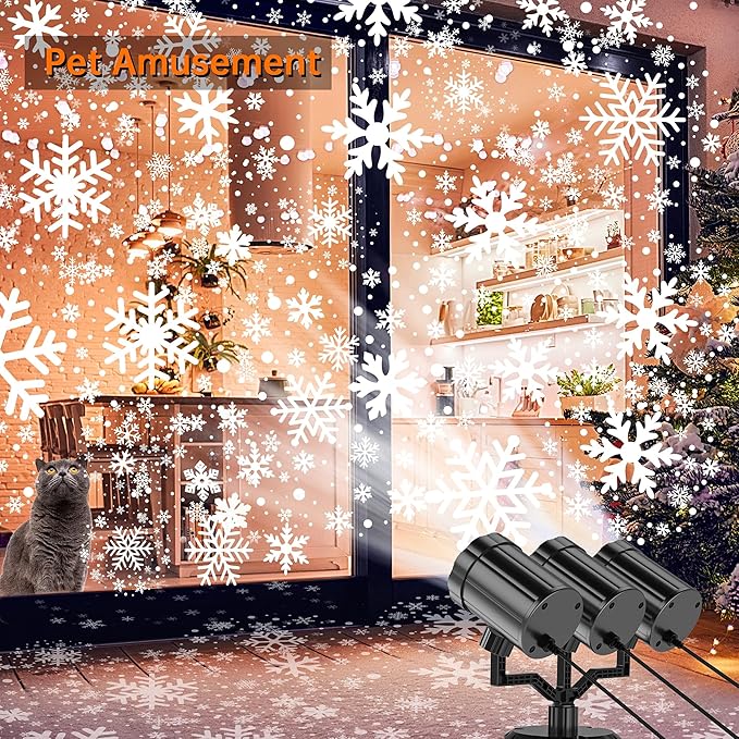 Christmas Projector Lights Outdoor, GUSODOR Upgraded Snowflake Projector IP65 Waterproof LED Snow Projection Lights for Indoor Outdoor Christmas Decoration, Holiday, Yard Decor-Three-Head A