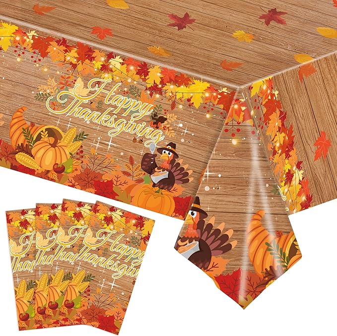 Mornajina 4 Packs 108 x 54 Inch Thanksgiving Fall Leaf Tablecloth Disposable Autumn Maple Leaf Table Cover Rectangle Plastic Table Cloth for Thanksgiving Decoration (Turkey)