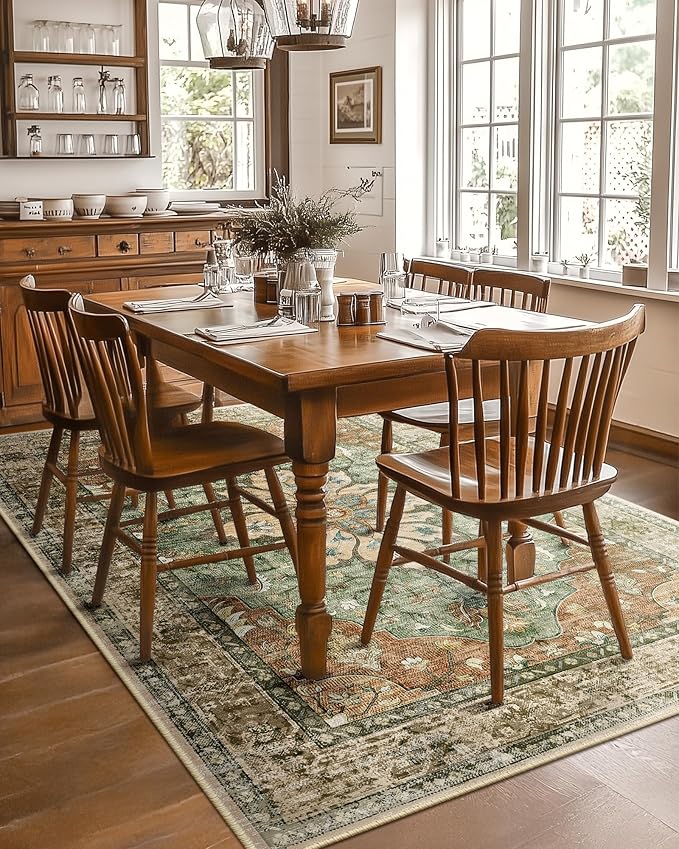 Area Rugs 6'x9' Washable Non-Slip, Floral Vintage Distress Print Pattern Medallion Carpet for Living Room Bedroom Dining Room, Brick Red Rust Neutral Brown Burnt Orange Green