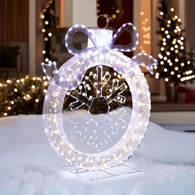 LuxenHome 3FT Lighted Ornament Christmas Outdoor Decorations, Large Light Up Christmas Ornament with Snowflake Yard Decorations Outdoor with 270 LED Lights, Lawn Decor for Xmas, Porch Display