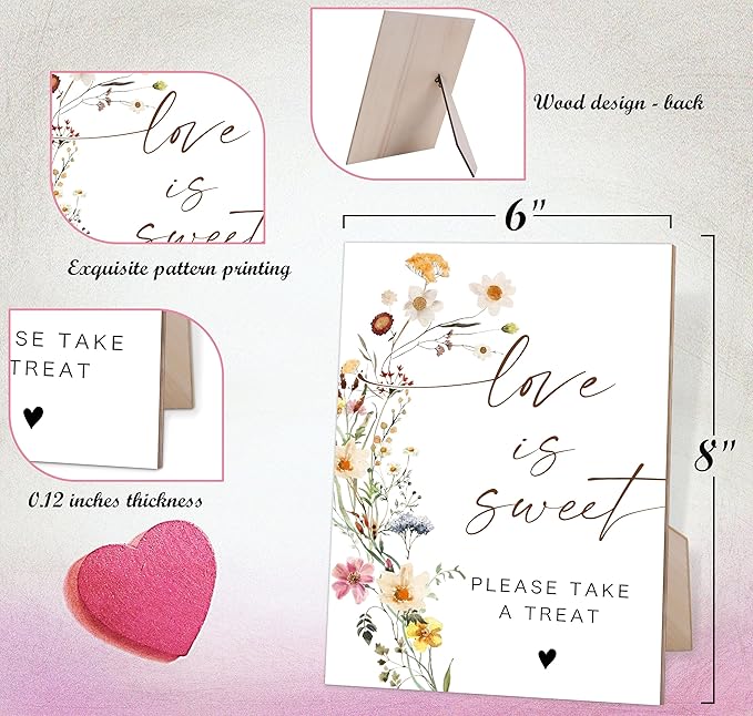Flower Love Is Sweet Sign for Dessert Table, Dessert Table Decorations, Wedding Decorations for Reception, Bridal Shower Decor, Party Centerpieces, 6X8 Inch Wooden Bridal Shower Signs with Stand, 18