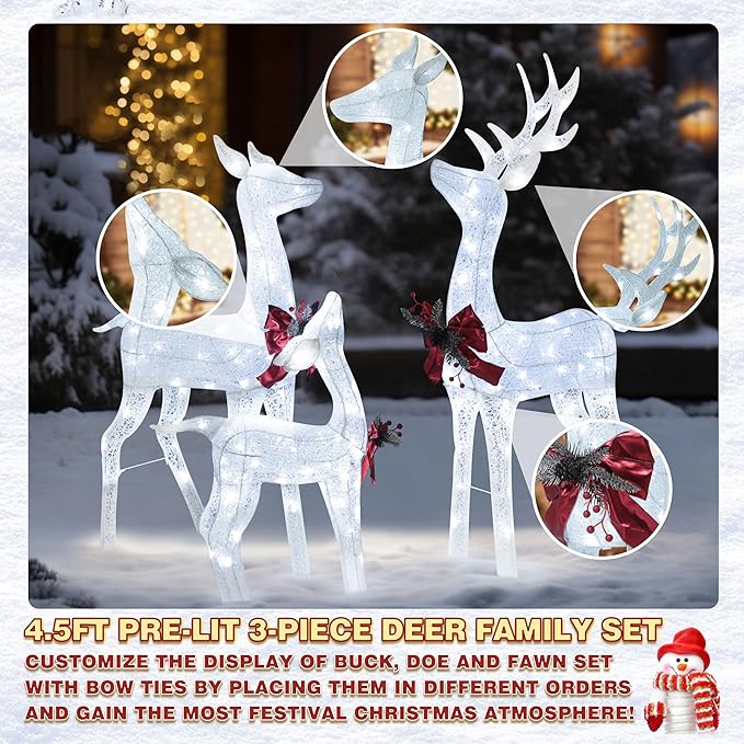 BlueWish Christmas Decorations Outdoor, 3-Piece Sliver Reindeer Christmas Decoration with 200 LED Lights, Pre-lit Outdoor Christmas Decor for Garden, Yard, Porch