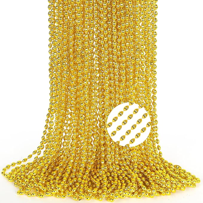 24PCS Gold Bead Necklaces, Metallic Oval Beaded Necklace Bulk, 32" Necklaces Costume Mardi Gras Beads, Festival Parade Throw Accessories for Wedding Birthday Pirate Theme Christmas Party Favors Decor