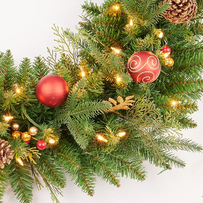 9FT Red Gold Christmas Garland Prelit with 70 Lights Plug in,Decor for Fireplace Stairs Mantle Door Indoor Outdoor