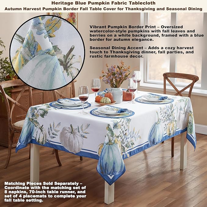Home Bargains Plus Thanksgiving Contemporary Blue Pumpkin Tablecloth, 52 x 52 Inch Square, Fall Harvest Easy Care Fabric Table Cover