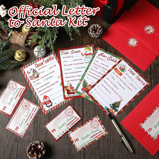 Cholemy 192 Pcs Official Letter to Santa Kit Including 48 Pcs Christmas Cards with Coordinating 48 Pcs Red Envelopes 48 Pcs Stamps 48 Pcs Stickers 5 x 7 Letter to Santa for Christmas Wish List Kids