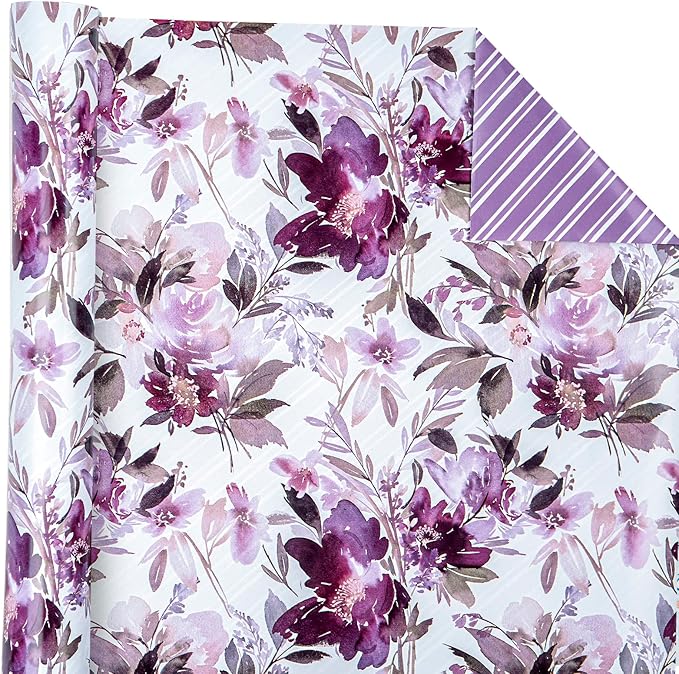 WRAPAHOLIC Reversible Floral Wrapping Paper - Mini Roll - 17 Inch X 33 Feet - Purple Floral Design for Wedding, Birthday, Valentines' Day, Baby Shower, Anniversary, Bridal Shower