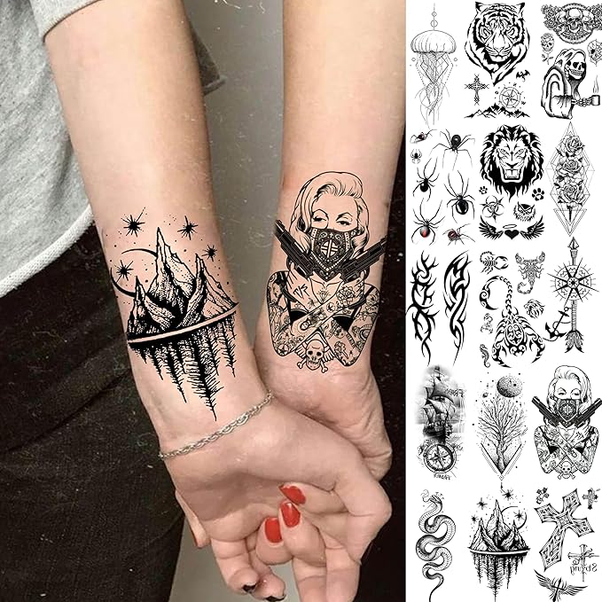 66 Sheets Black Eagle Dragon Halloween Temporary Tattoos For Men Women Thigh, Scary Tiger Lion Devil Skull Fake Tattoos For Adults, 3D Wolf Large Half Arm Sleeve Realistic Tattoo Forearm Vampire Demon