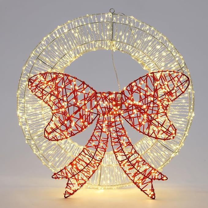 LuxenHome 1.5Ft Lighted Christmas Wreath, Christmas Outdoor Decorations, Large Wreath with LED Lights, Red Bow Wreath for Indoor, Lawn, Yard, Garden, Holiday Decor