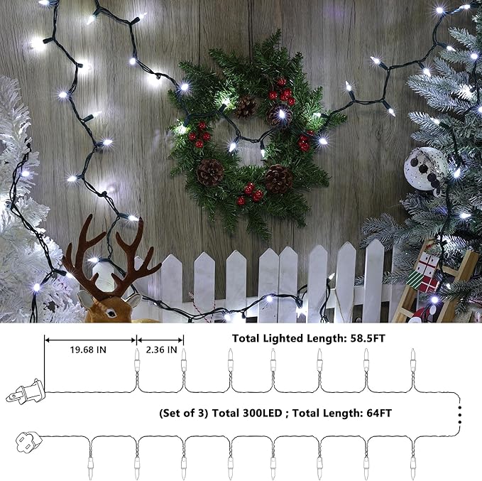Joomer Mini Christmas String Lights - Total 58.5 FT 300 LED Plug-in String Light, Connectable Waterproof Fairy Lights for Indoor Outdoor Decor, Patio, Home,Christmas Decoration - White