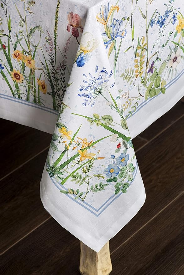 Maison d' Hermine Table Cloth Rectangle Table 100% Cotton 70 x 90 Inches Tablecloth Reusable Decorative for Dining Room, Farmhouse, Home, Party, Festive & Wedding Spring Summer - Fleurs De Mai