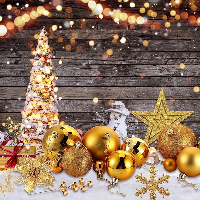 Sratte 94 Pcs Christmas Tree Decorations Set, Christmas Tree Ball Ornaments Glitter Poinsettia Flowers Decorations Glitter Berries Stems for Xmas Holiday Wedding(Gold)